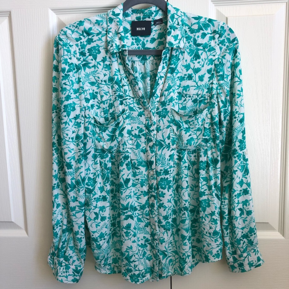Maeve Floral V-neck Button Down Blouse